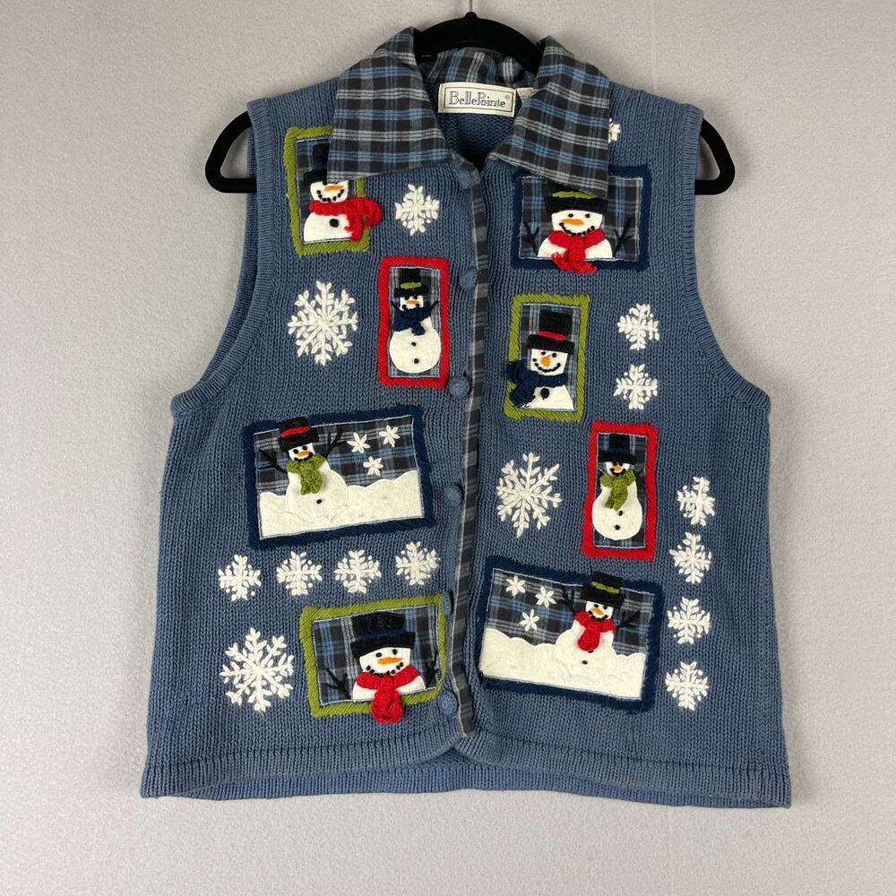 Vintage Belle Pointe Snowman Embroidered‎ Vest Womens Medium Blue Knit Christmas